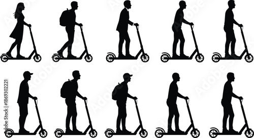 Electric scooter rider silhouettes set, urban mobility people collection, commuting lifestyle figures, eco transport concept, modern city travel, black vector