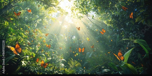 Numerous orange butterflies fly through lush green rainforest with sunbeams filtering through dense canopy. Generative by AI.
