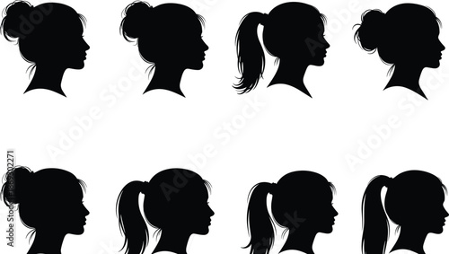 Female profile silhouette collection, women head side view hairstyles set, beauty fashion portraits, minimalist black vector illustration design