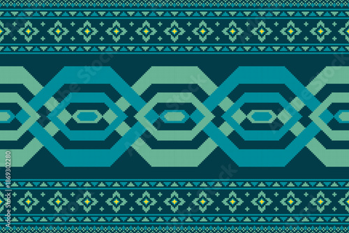 seamless geometric pattern, Pixel art border seamless pattern, vector pattern, ethnic geometric pattern, green pattern with teal background, design for fabric, textile, border, carpet, rug, digital pr