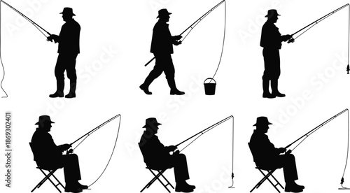 Fishing man silhouettes set, angler poses with rod and bucket, leisure outdoor activity concept, sport fishing collection, black vector illustration