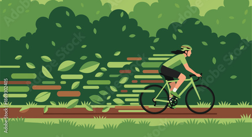 Illustration of woman cycling on a path through a green forest with leaves and branches blurring past, conveying motion and speed