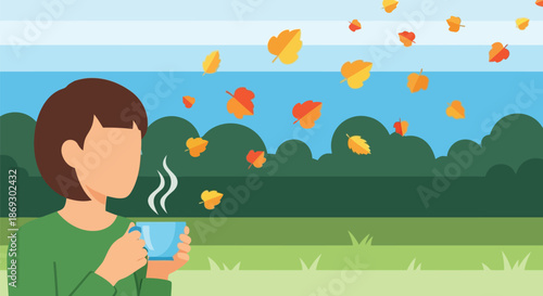 Illustration of person holding a steaming cup of coffee or tea outdoors with autumn leaves falling against a blue sky