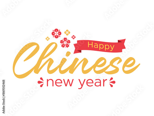 Happy Chinese New Year Decorative Typography with Floral Elements on Black Background