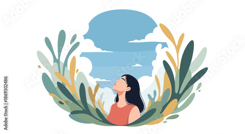 Illustration of a woman looking up at the sky surrounded by lush green plants and blue sky with clouds, symbolizing peace and nature