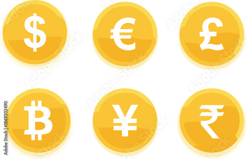 Global currency coins icon set, dollar euro pound yen rupee bitcoin symbols, financial money illustration, gold vector design collection