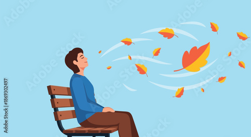 Illustration of a person sitting on a park bench with eyes closed, experiencing autumn leaves blowing in the wind, conveying relaxation