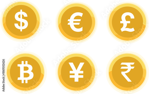 International currency coin icons set, dollar euro pound yen rupee bitcoin symbols, global finance money illustration, gold vector design