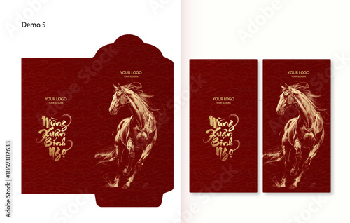 Tiêu đề: Luxury Vietnamese Lunar New Year 2026 Red Envelope Design Year of the Horse Bính Ngọ with Traditional Ornate Patterns
