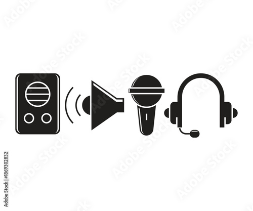 loudspeaker, megaphone, mic and headphone icons set illustration vector