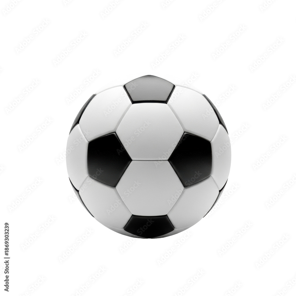 Obraz premium Hyper-photorealistic product photo of a pristine, traditional black and white telstar soccer ball with detailed stitching, centered on a transparent studio background. Iconic sport competition