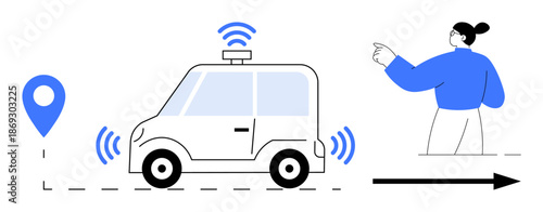 Future transportation, autonomous driving, smart technology, wireless navigation, ride-sharing, route mapping. Illustrated autonomous car with signals near a pointing person. Future transportation