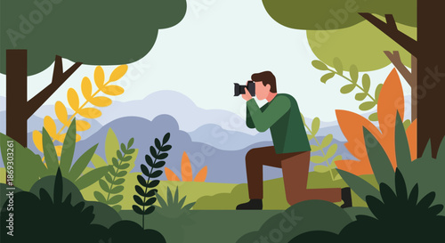 Illustration of a photographer kneels in a lush forest, focusing their camera on the natural scenery amidst vibrant green foliage and distant hills