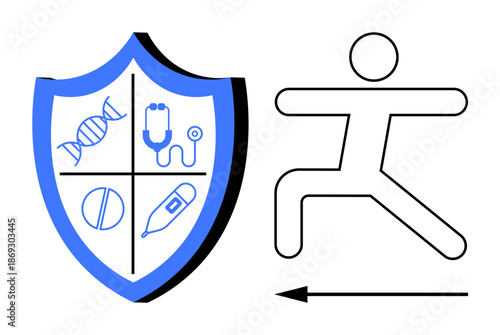 Health protection concept. Health shield with DNA, stethoscope, pill, and thermometer icons promotes protection. Health ensures wellness and preventive care. For medical, fitness, public health