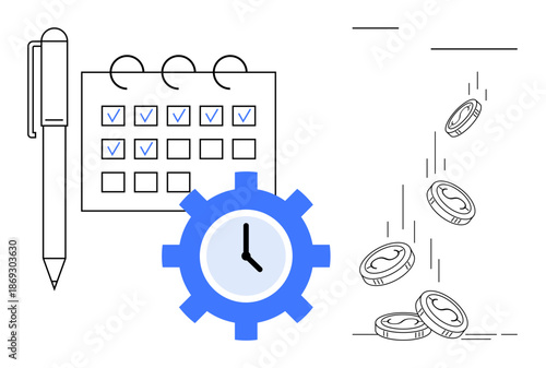 Time management, financial planning, productivity, task organization, scheduling, efficiency. Calendar with checkmarks, a gear with a clock and falling coins. Time management and financial planning