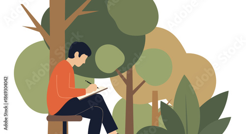 Illustration of man sitting under a tree, drawing in a sketchbook, surrounded by stylized foliage and trees, illustration