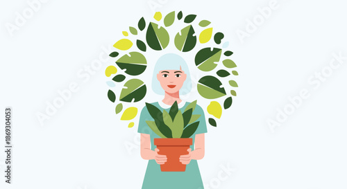 Illustration of woman holding a potted plant with a circular pattern of green leaves behind her, isolated on