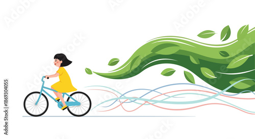 Illustration of girl riding a bicycle with a trail of green leaves and colorful lines behind her, isolated on