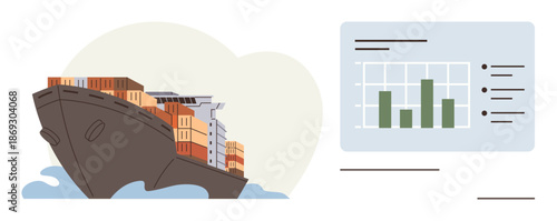 Logistics management, global trade, shipping analytics, freight transportation, supply chain optimization, cargo tracking. Cargo ship carrying containers with dashboard showing statistics. Logistics