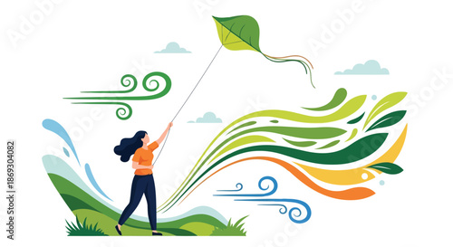 Illustration of woman flying a kite with a leaf design in a windy landscape with green waves and water splashes, isolated on