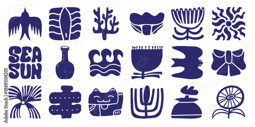 Collection of abstract dark blue white including bird waves bottle flowers and text