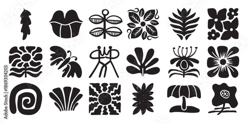 Collection of black abstract organic shapes and stylized natural white