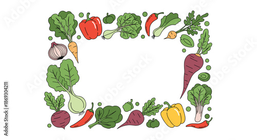 Rectangular frame is constructed from a variety of fresh vegetables including peppers beets greens radishes and garlic on white.