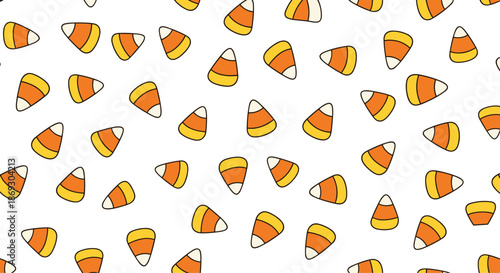 Classic Halloween candy corn treats are scattered across a white background in a vibrant and festive seamless repeat pattern.