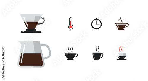 Professional coffee brewing equipment icons include a pour-over dripper a carafe a thermometer a timer and various coffee cups.