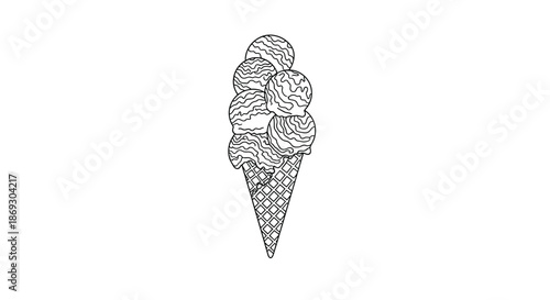 Tall waffle cone is topped with a massive stack of six scoops of ice cream in a simple black and white line art illustration.