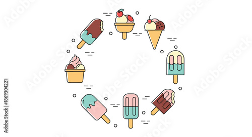 Circle arrangement of various ice cream treats includes cones popsicles and bowls with different toppings and flavors in a cute style.