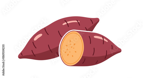 Two purple sweet potatoes are shown on a white background with one being whole and the other sliced to reveal the orange flesh inside.