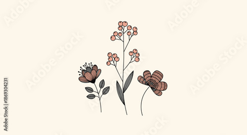 Minimalist botanical illustration features three simple hand-drawn flowers with stems and berries in a soft peach and grey palette.