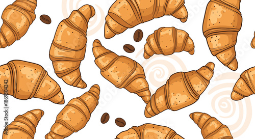 Delicious bakery pattern showcases golden brown croissants and roasted coffee beans scattered across a white background for cafe branding.