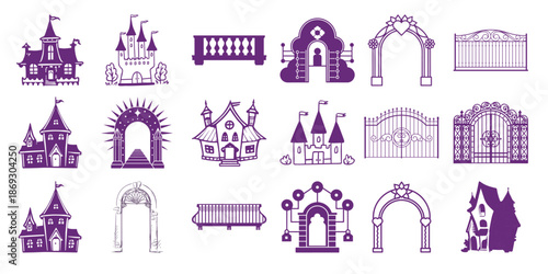 Collection of purple fairytale castles gates arches and balconies white balcony