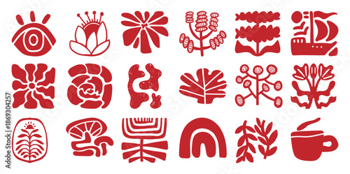 Collection of Red Abstract Organic Shapes and Stylized White