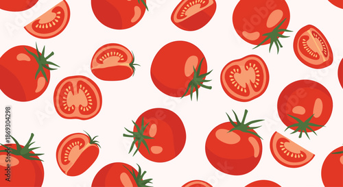 Vibrant tomato seamless pattern presents a mix of whole red vegetables and sliced halves with seeds on a light and clean background.
