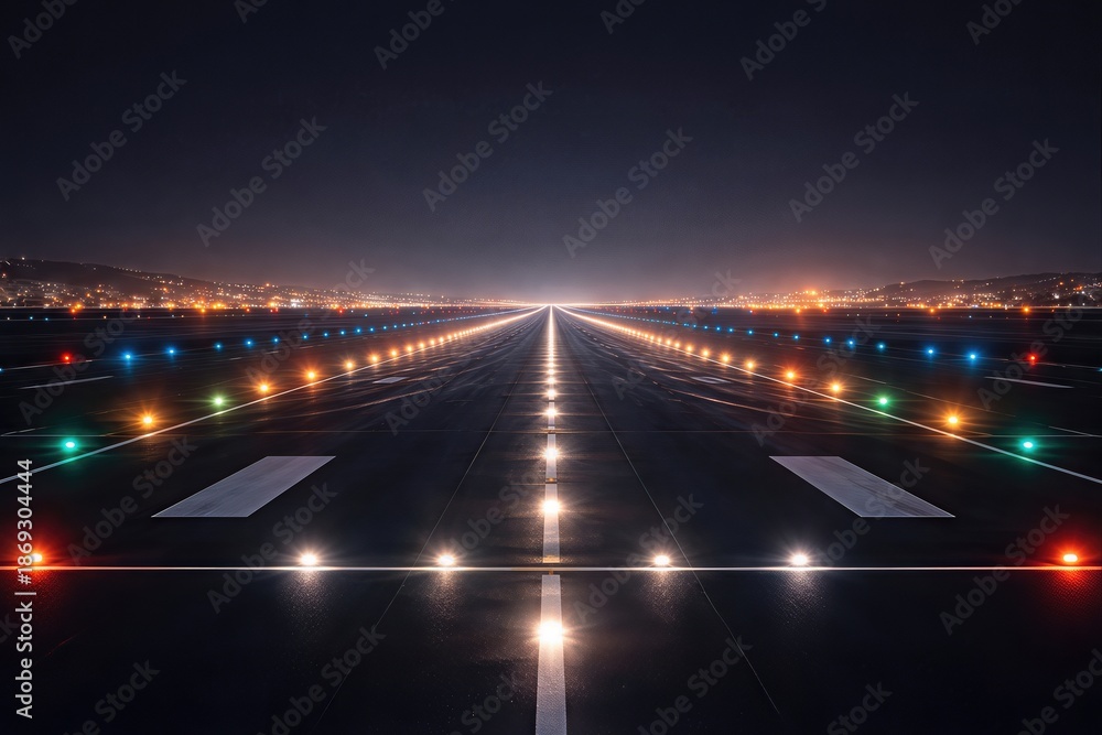 Obraz premium Urban runway perspective illuminated by colorful lights extending into the horizon under a clear night sky creating a sense of anticipation and exploration