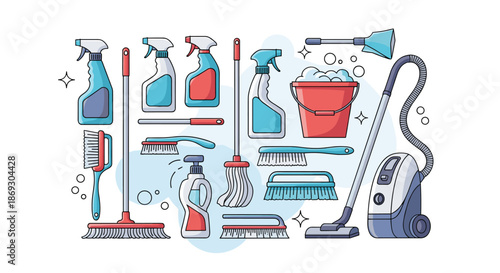 Complete set of cleaning supplies includes spray bottles, brushes, mop, bucket, and vacuum cleaner in a bright and organized illustration.