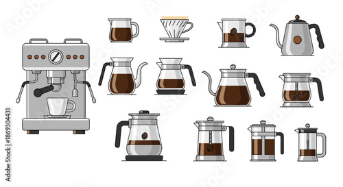 Comprehensive collection of various coffee brewing equipment including an espresso machine, french press, pour over drippers, and carafes.