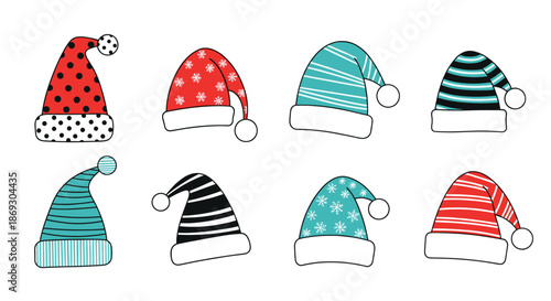 Collection of eight festive patterned santa hats features various designs like polka dots and snowflakes in red, green, and blue colors.