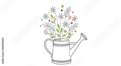 Whimsical line drawing of a classic garden watering can with a variety of wild flowers and foliage growing out of the top on white.
