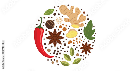 Circular arrangement of aromatic spices and herbs including red chili pepper, star anise, ginger root, peppercorns, and leaves on white.