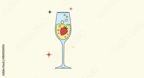 Bubbling flute of sparkling champagne or prosecco featuring a ripe red strawberry garnish and decorative stars on a light cream background.