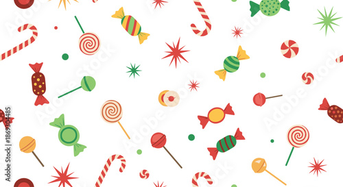 Colorful seamless pattern featuring a variety of sweets such as lollipops, candy canes, wrapped candies, and decorative stars on white.
