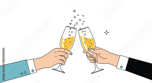 Two hands in formal business suits clinking glasses of sparkling champagne to celebrate a successful toast or special holiday occasion.