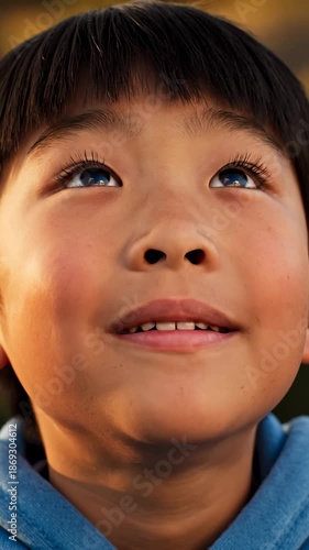 Young Boy Looking Upward in Awe, Close Up Portrait