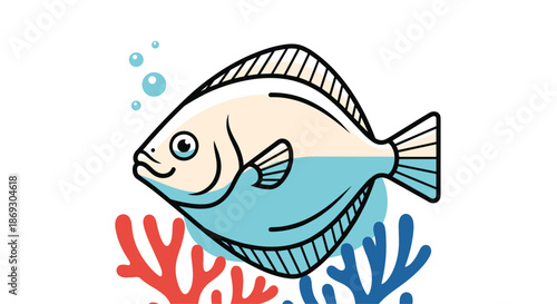 Friendly cartoon flatfish or flounder with blue and white markings swimming above colorful red and blue coral in an underwater scene.