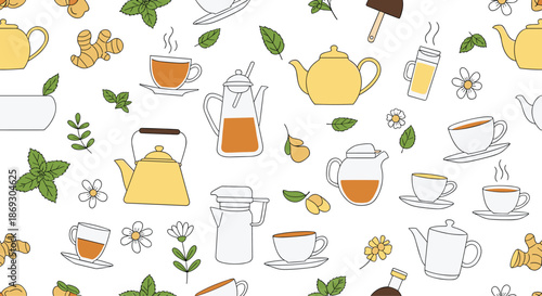 Seamless pattern of teatime elements including various teapots, cups, saucers, fresh mint leaves, ginger root, and chamomile flowers.