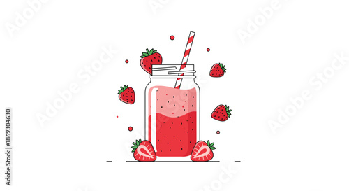Refreshing strawberry smoothie in a glass mason jar with a red and white striped straw and fresh strawberries on a white background.